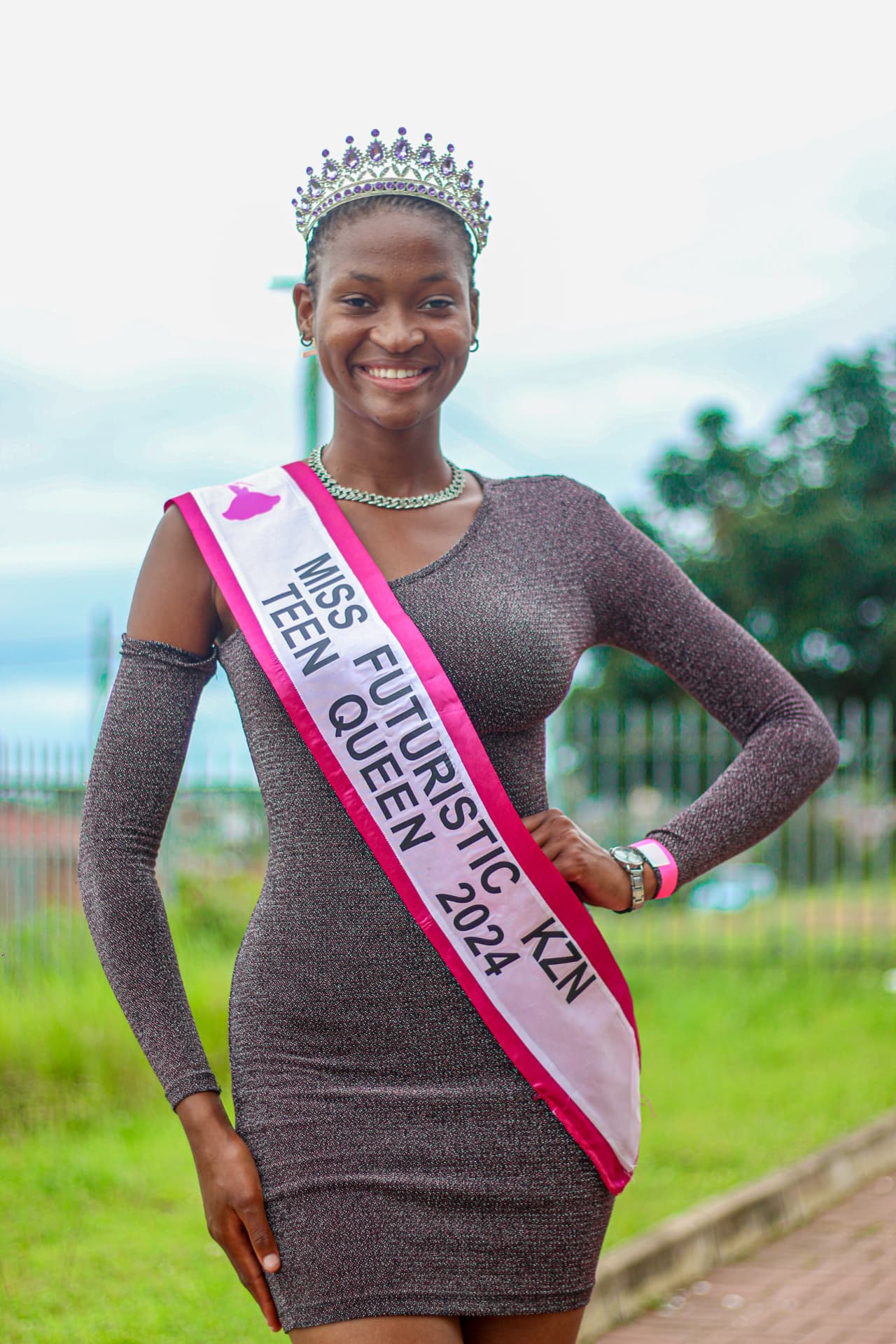 Crowned pageant titleholder wearing the Miss Futuristic KZN Teen Queen 2024 sash