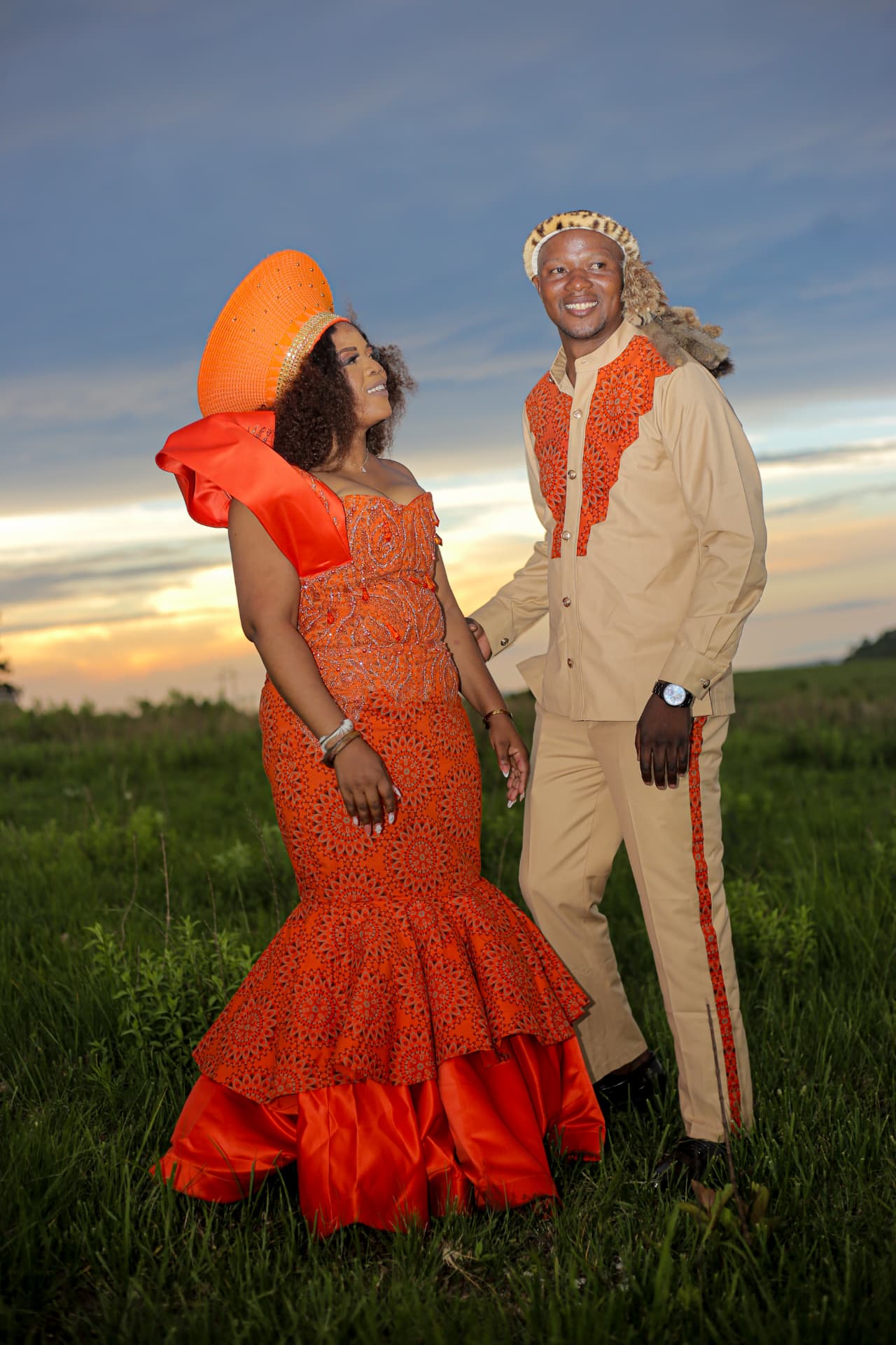 Couple in traditional Zulu wedding attire at dusk, photographed by Stainmark Media in KwaZulu-Natal